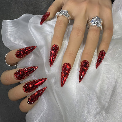 Press On Nails 10-Piece Long Water-Drop Set with Red Glass Glitter and Removable Self-Adhesive Gel Tabs