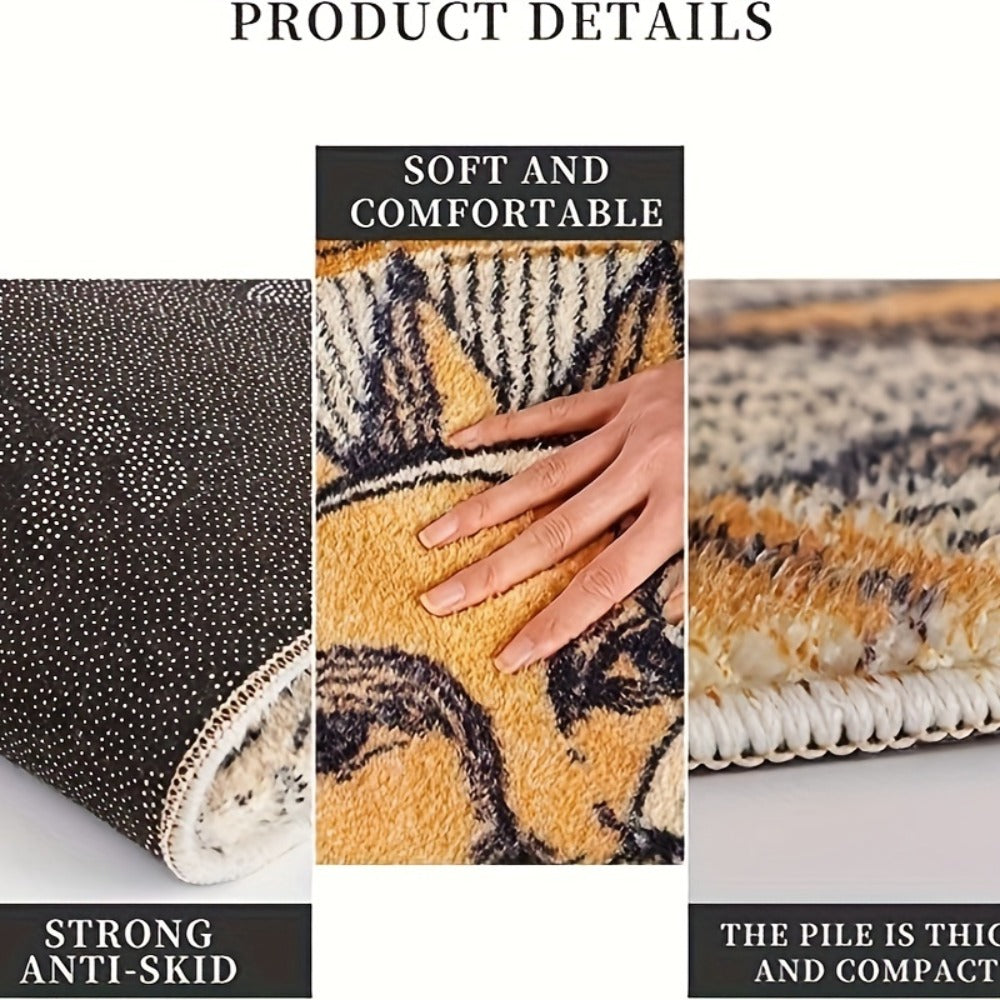 Celestial Sun and Moon Door Mat with Half-Round Shape, Warm Gold and Brown Artwork, 28 x 20 Inches