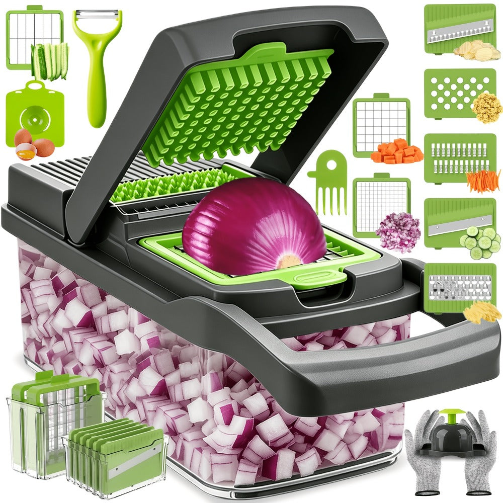 18-in-1 Vegetable Chopper and Mandoline Slicer with Clear Container in Upgraded or Gray 18-Piece Checkout Sets