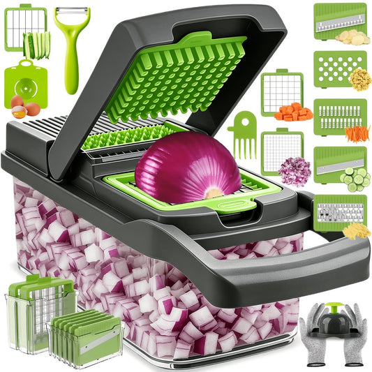 Vegetable Chopper 18-in-1 Multifunctional Food Chopper & Mandoline Slicer with Container – Onion Dicer, Adjustable Cutter for Kitchen Meal Prep, Gray