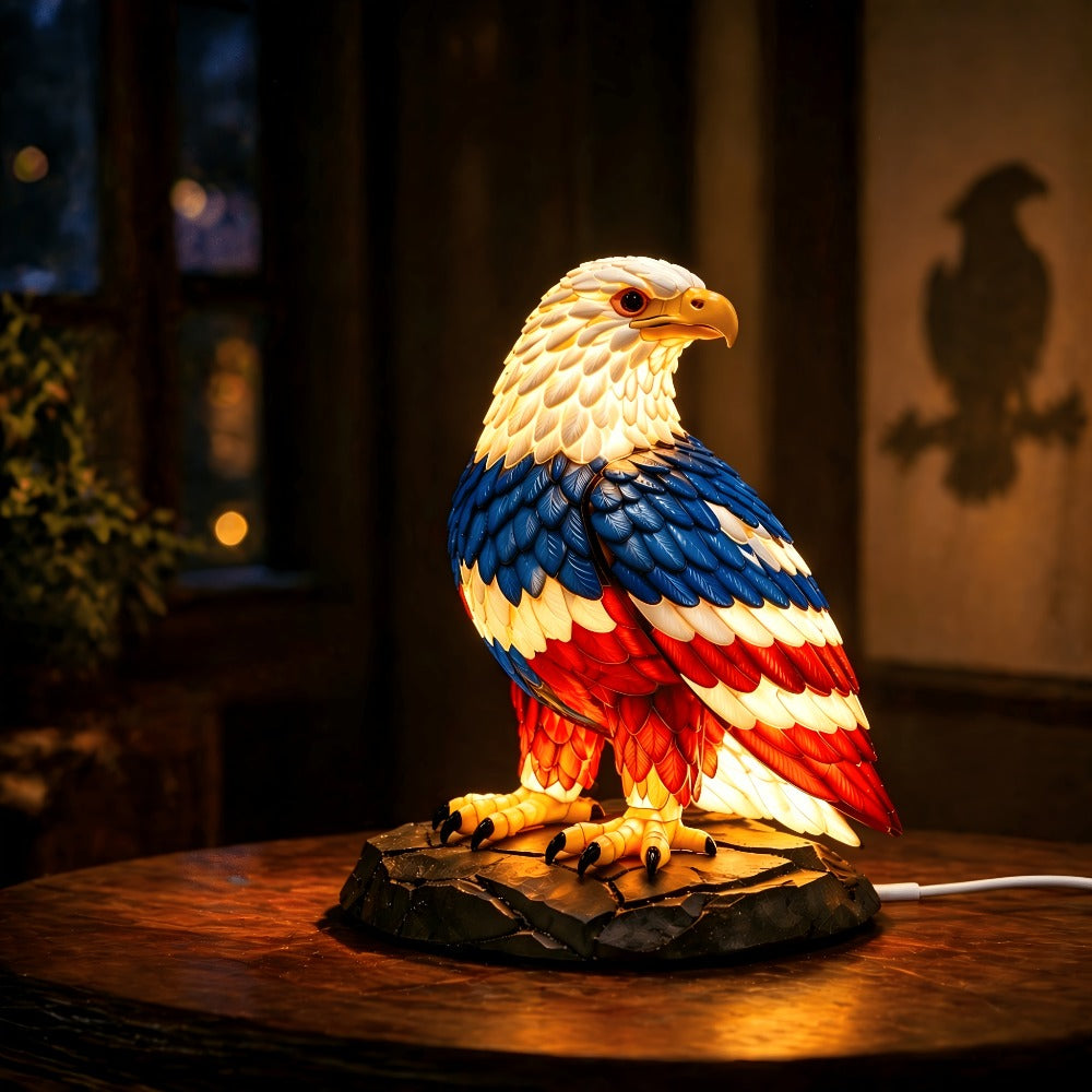 Night Light Stained-Glass-Effect Eagle Table Lamp with 3D Resin Form, Warm LED Glow and One-Piece Configuration