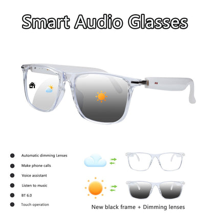Bluetooth Smart Glasses with Photochromic Auto Dimming Lenses & Anti Blue Light – Wireless Built-in Speaker | Music & Hands-Free Calls | Magnetic Charging | Black White Gold Blue | Wearable Tech Gift