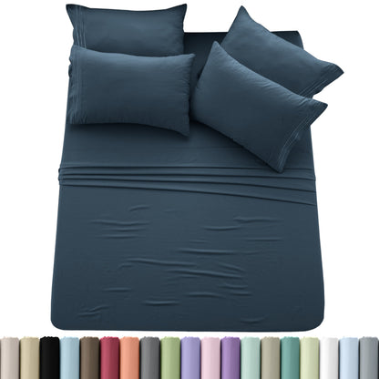 Sheet Set, Six-Piece Brushed Polyester Bedding with 16-Inch Fitted Pocket, Four Pillowcases and Twenty Colors