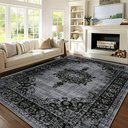 Velvet Floral Bohemian Area Rug - Low Pile Machine Washable Non-Slip Carpet for Living Room Bedroom Office Geometric Pattern