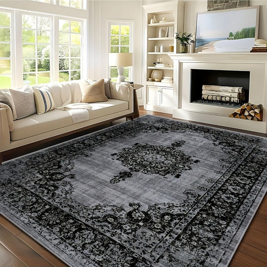 Area Rug Velvet Bohemian Floral Geometric Low-Pile Design in Six Machine-Washable Room Sizes