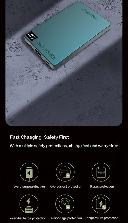 10000mAh Thin Magnetic Power Bank with 35W USB-C and 30W USB-A Port Markings in Four Colors