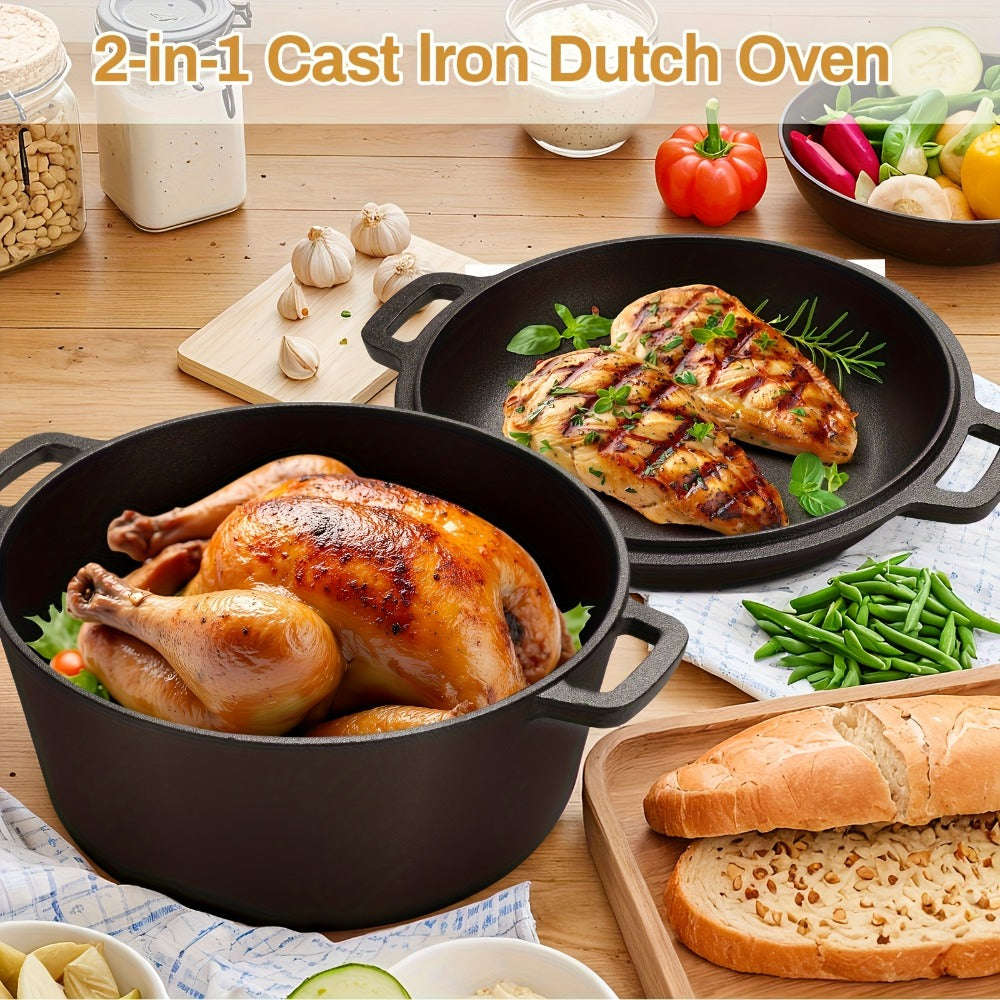 Cast Iron Dutch Oven Set 5.1QT & 7QT with Skillet Lid – Pre-Seasoned 2-in-1 Cookware for Stovetop, Induction, Oven, Campfire & BBQ, Sourdough Bread Baking, Frying, Camping