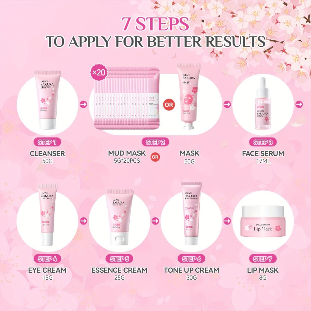 Cherry Blossom Sakura Skincare Gift Set Complete 9-Step Routine — Essence Cream Cleanser Toner Eye Cream Mud Mask Exfoliating Mask Eye Mask Lip Balm for Women Birthday Gift