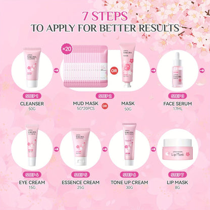 Cherry Blossom Sakura Skincare Gift Set Complete 9-Step Routine — Essence Cream Cleanser Toner Eye Cream Mud Mask Exfoliating Mask Eye Mask Lip Balm for Women Birthday Gift