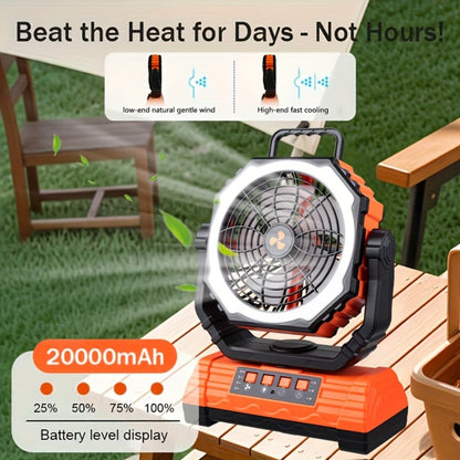 Portable Camping Fan with Dual Motors LED Light & Remote Control, Solar Powered Outdoor Fan with Hook for Tent Work Site Power Outage, Camping Accessories