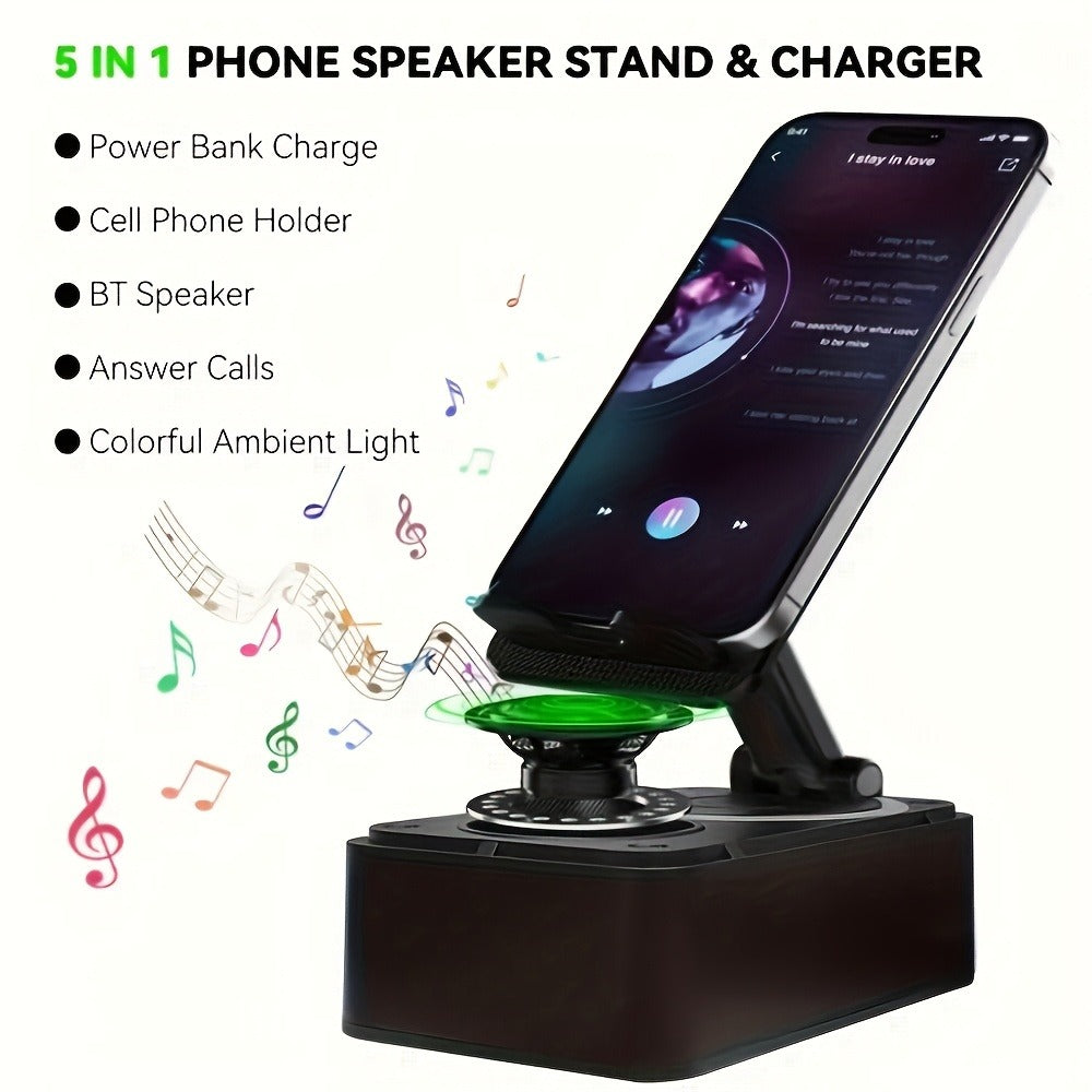 Bluetooth Speaker Phone Holder 5-in-1, 360° Adjustable Tablet Stand with HD Surround Sound, USB Rechargeable Portable Speaker Dock for Smartphones Tablets Home Office Desk