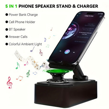Bluetooth Speaker Phone Holder 5-in-1, 360° Adjustable Tablet Stand with HD Surround Sound, USB Rechargeable Portable Speaker Dock for Smartphones Tablets Home Office Desk