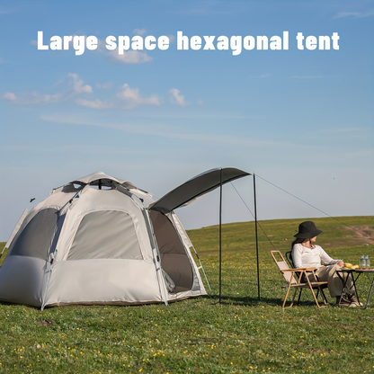 Camping Tent 4-6 Person Hexagonal Quick-Open Oxford Shelter with Vestibule and Included Stakes