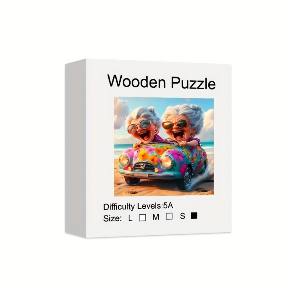Happy Old Lady Wooden Jigsaw Puzzle with Irregular Pieces and 5.7 or 11.2 Inch Checkout Size Options