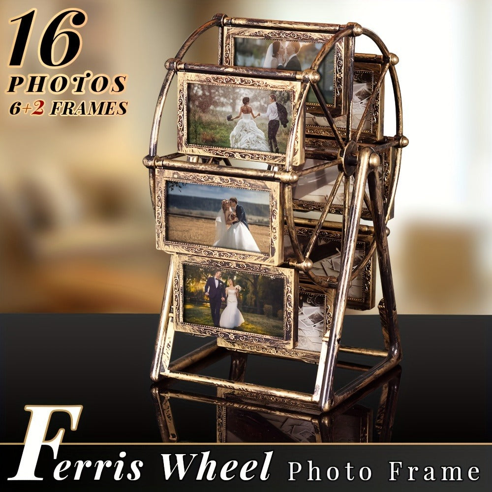 Rotating Ferris Wheel Photo Frame - Holds 8 Photos 4 inch - Vintage Spinning Picture Display Stand for Desk, Living Room & Bedroom - Unique Gift for Valentine's Day, Birthday & Christmas