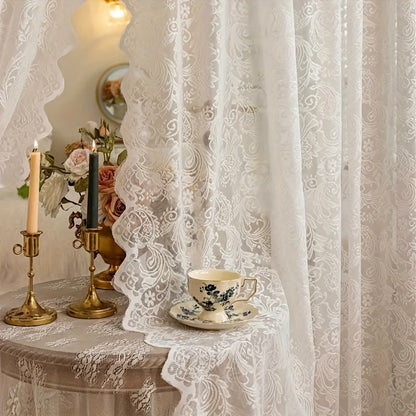 Floral Phoenix-Tail Lace Curtain Panel with Rod-Pocket Header, Three Colors and Four Length Options
