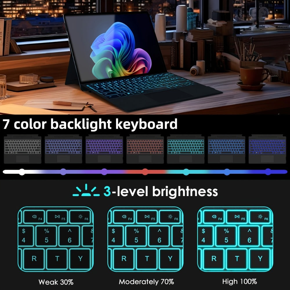 Surface Pro Keyboard with 7-Color Backlit Touchpad Ultra-Slim Bluetooth Wireless 15M Rechargeable 750mAh Type Cover for Microsoft Surface Pro 11 10 9 8 X 13 Inch & Surface Pro 7 Plus 7 6 5 4 3 12.3 Inch