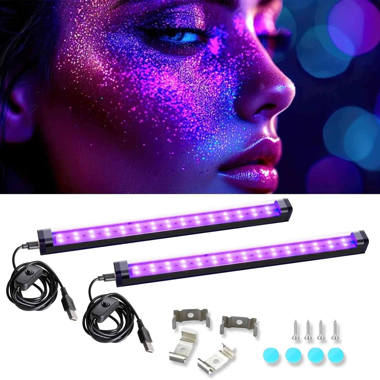 USB UV Black-Light Bar Set with Inline Switches, Mounting Hardware and 2-, 4-, 10-, 12- or 14-Pack Options