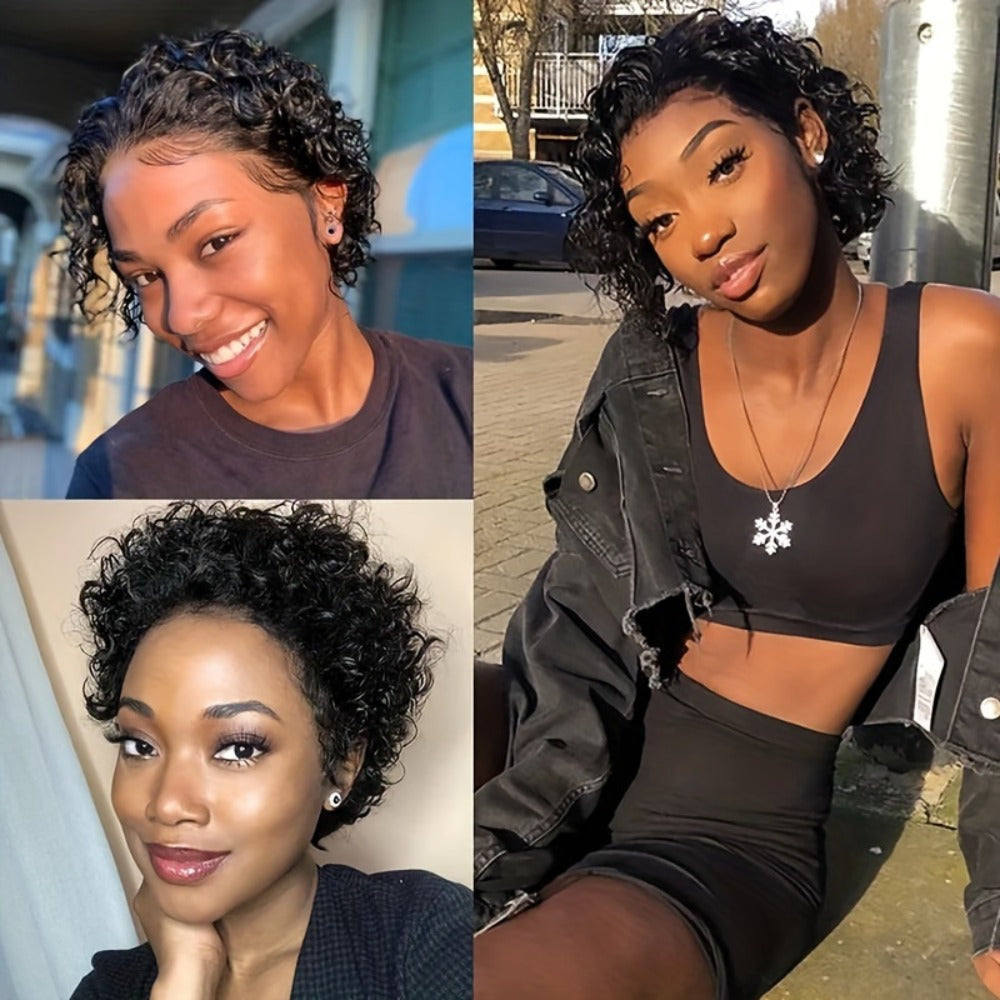 Short Afro Curly Wig Black 6 Inch African American Small Curl Full Synthetic Rose Net Cap Glueless Wig for Women Party Music Festival Show Travel Gift