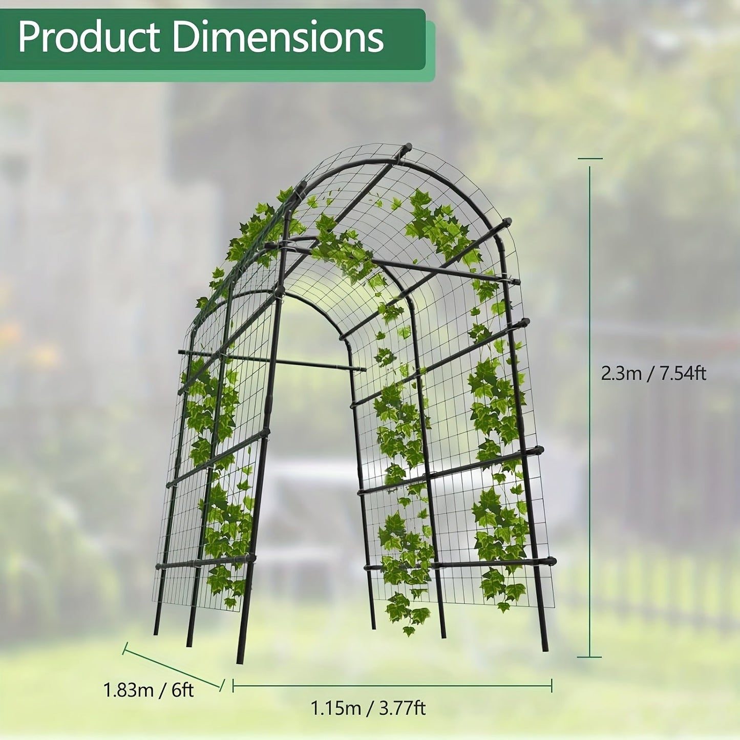 7.5-Foot Garden Arch Trellis with Metal Grid Panels, Seven Horizontal Pipes and Black Frame