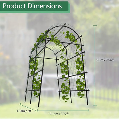 7.5-Foot Garden Arch Trellis with Metal Grid Panels, Seven Horizontal Pipes and Black Frame