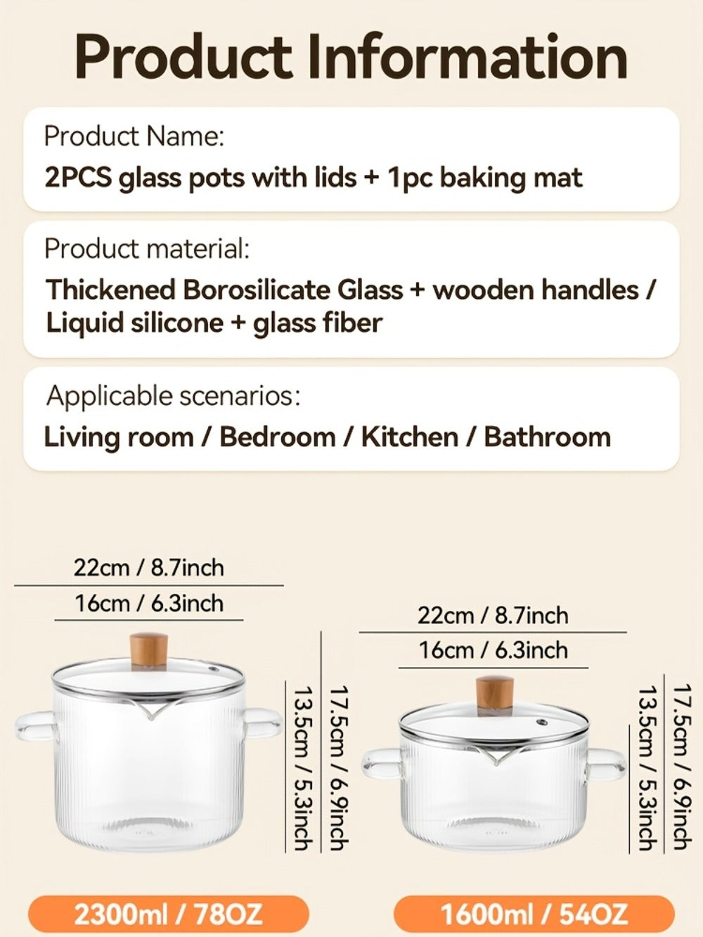 Glass Saucepan Set 2-Pack Stovetop Safe Borosilicate Ribbed Pots with Lids – 78oz & 54oz Heat Resistant Cookware for Soup, Ramen, Milk | Transparent Glass Pot Kitchen Cooking Set with Baking Mat