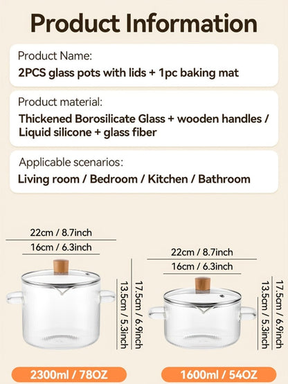 Glass Saucepan Set 2-Pack Stovetop Safe Borosilicate Ribbed Pots with Lids – 78oz & 54oz Heat Resistant Cookware for Soup, Ramen, Milk | Transparent Glass Pot Kitchen Cooking Set with Baking Mat