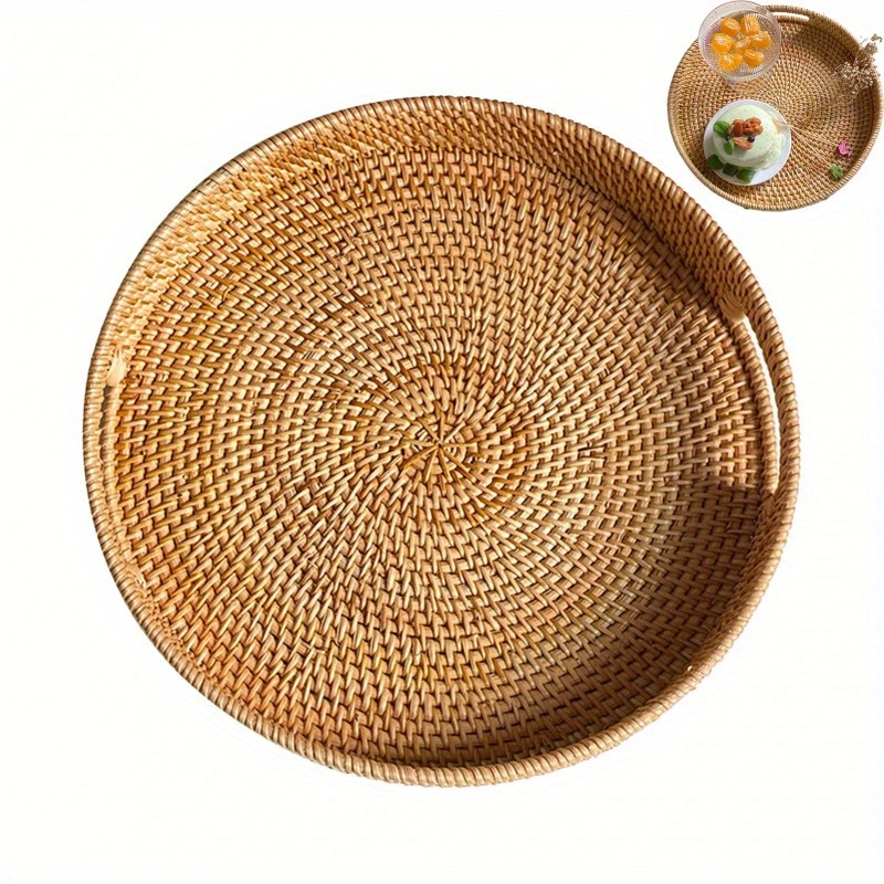 Serving Tray Basket - Hand-Woven Round Rattan Organizer for Fruits Bread Snacks, for Home Cooking, Dining and Outdoor Meals