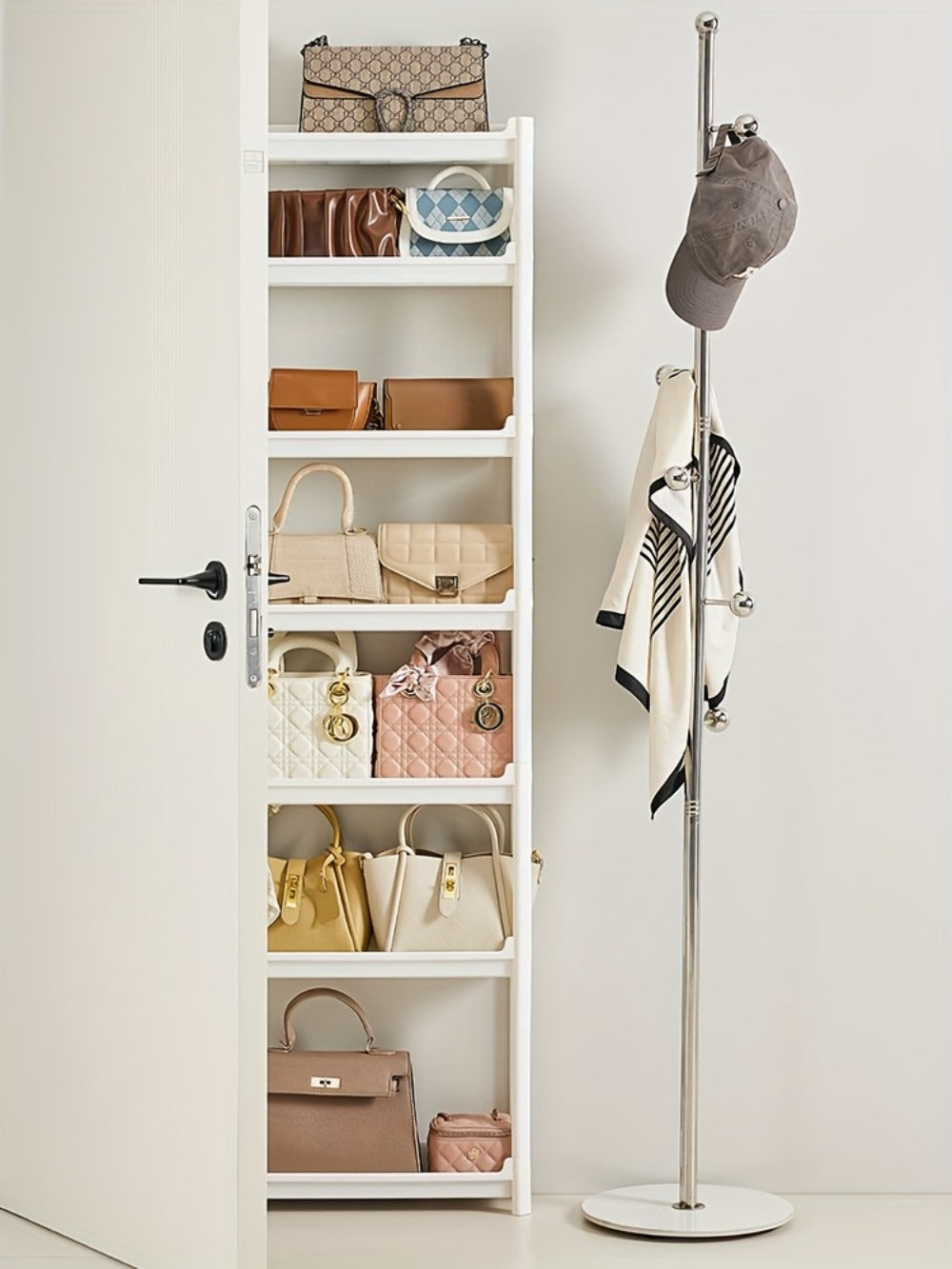 Behind Door Storage Rack, Multi-Layer Slim Organizer for Bathroom & Kitchen, Space Saving Over Door Shelf, Narrow Cabinet Rack with Fixed Hook, Plastic Stackable Storage