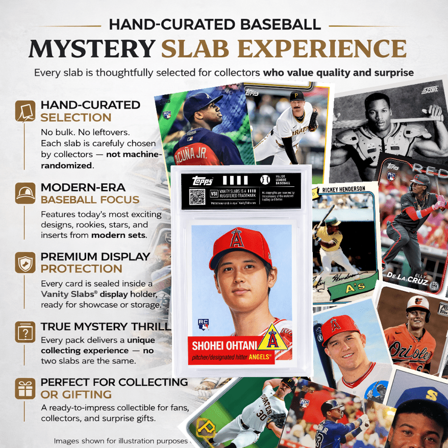 Baseball Mystery Card in Vanity Slab Display – Rookie, Star, Autograph or Insert Style | Topps & Panini MLB Collectible Gift for Baseball Fans & Sports Card Collectors