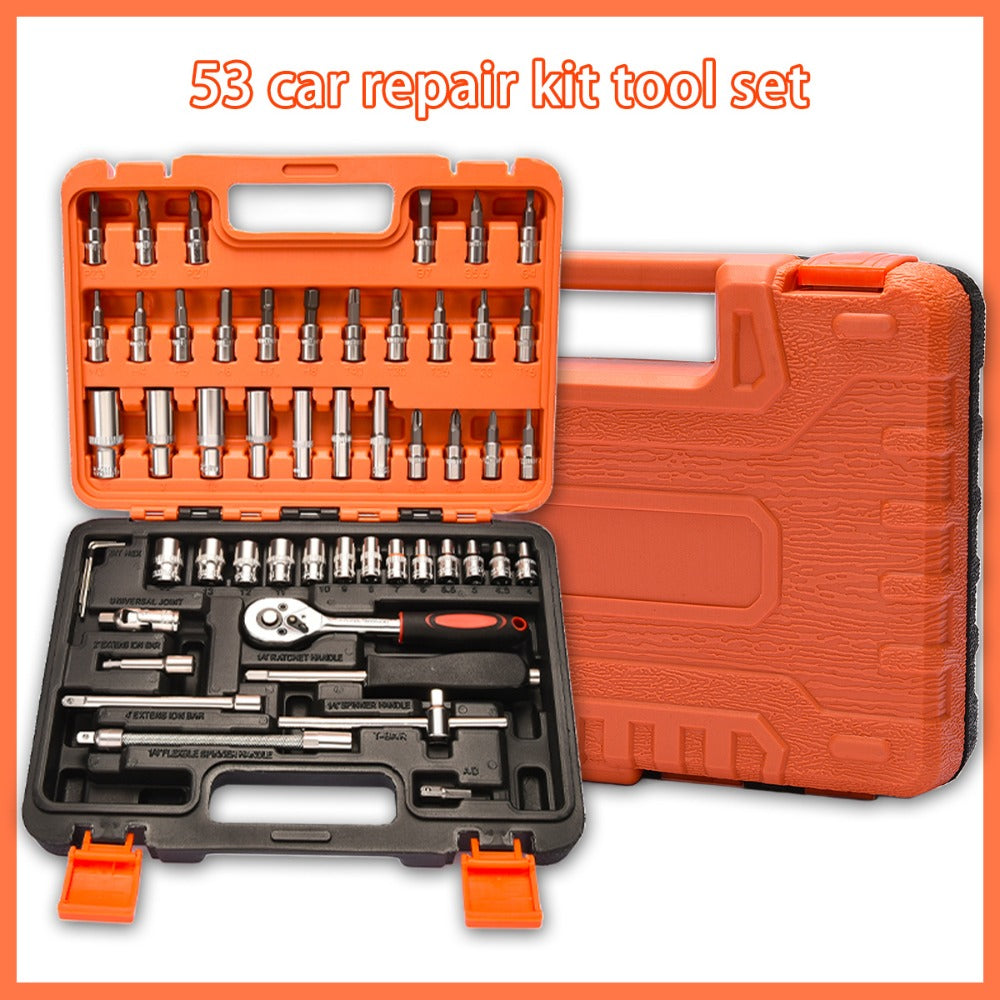 Fifty or Fifty-Three Piece Auto and Bicycle Repair Tool Set with Ratchet, Sockets and Orange Case