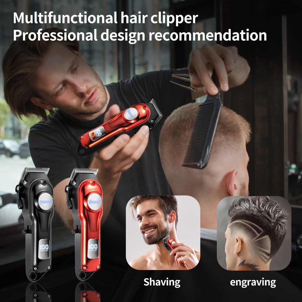 900mAh LCD Hair Clippers for Men – USB Rechargeable Cordless Electric Trimmer with Limit Combs & Cleaning Brush, Professional Fade Barber Clipper for Home Use, Black Red