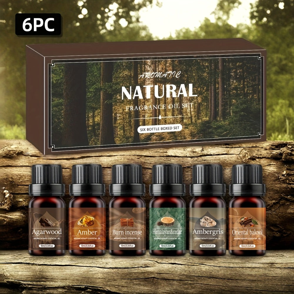 6-Bottle Woody Fragrance Oil Set with Agarwood, Amber, Incense, Cedar, Musk and Other Listed Scent Blends