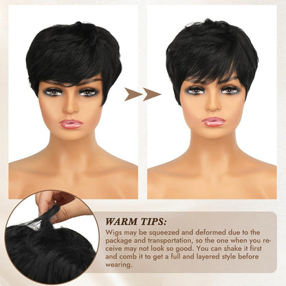 Short Fairy Pixie Human Hair Wig in 1B Black with 4-Inch Length and Full Machine-Made Cap Design