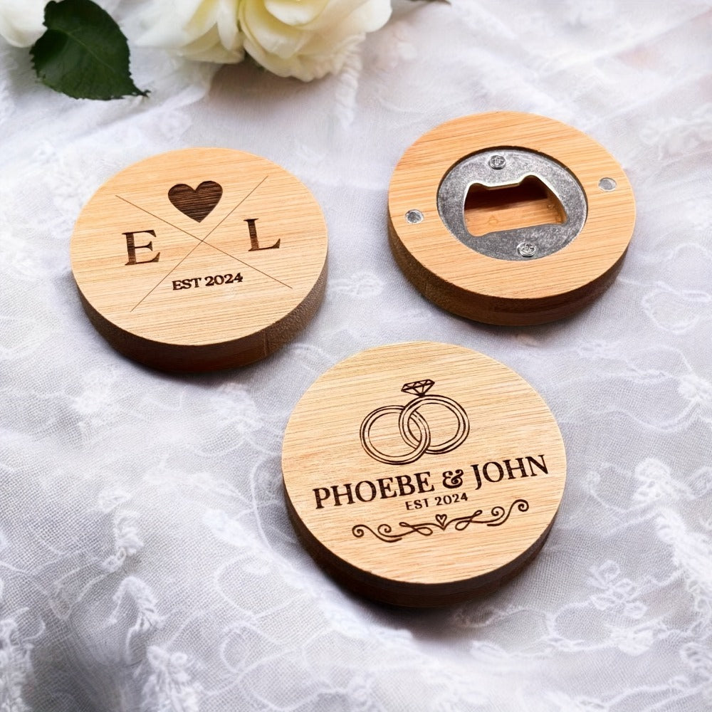 Round Bamboo Magnetic Bottle Openers in 20-, 40-, 80- or 160-Piece Packs for Party Favors and Gift Sets