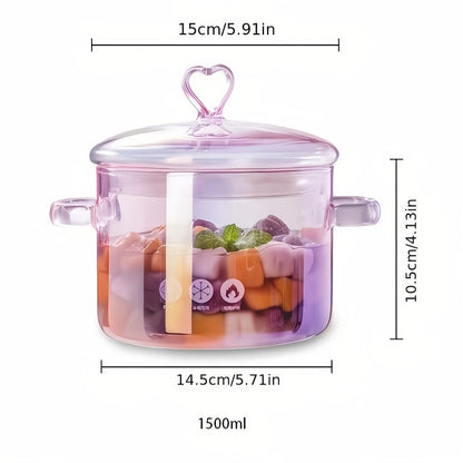Glass Cooking Pot Cookware with 1500ml Capacity, Heart-Shaped Lid and Transparent Pink Body