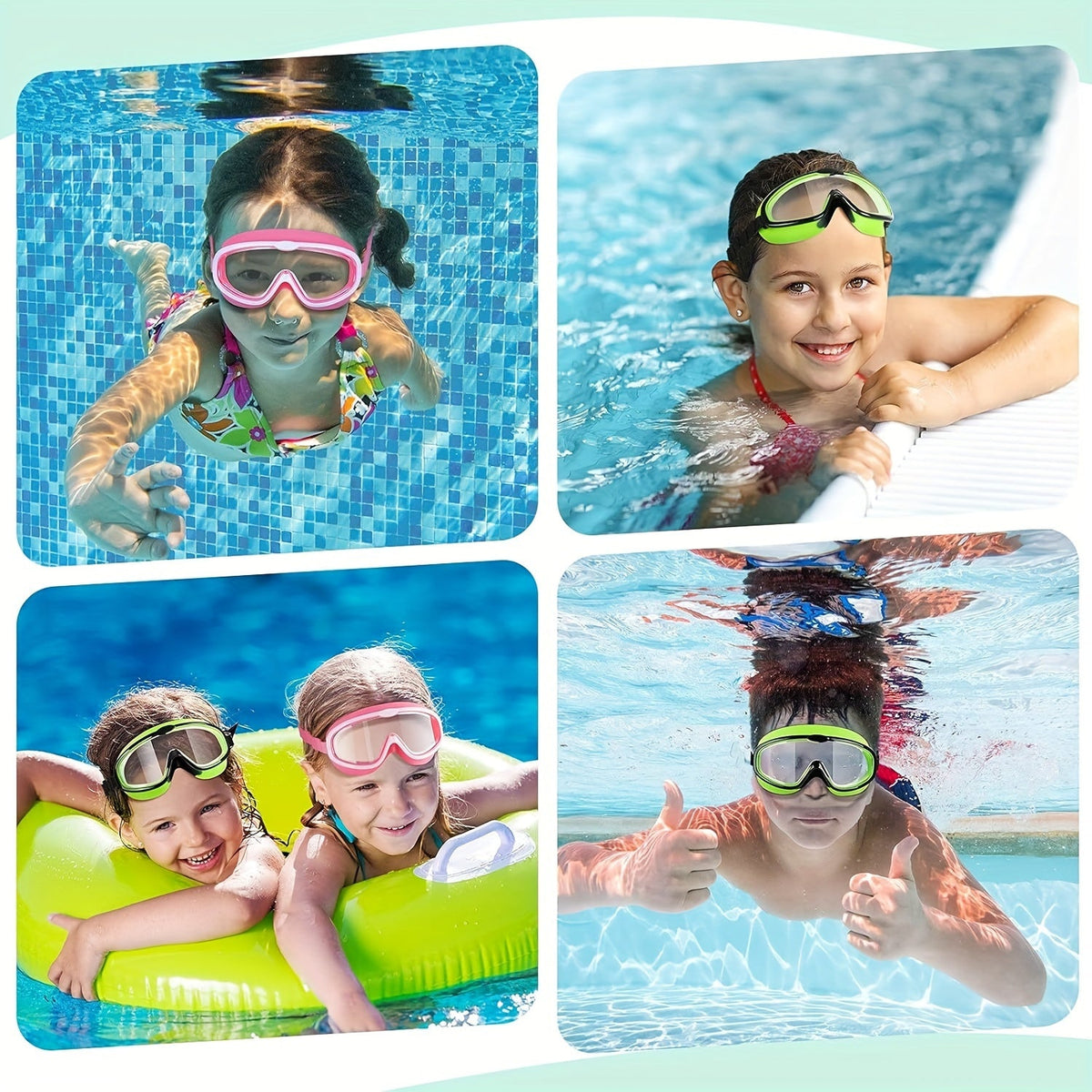 Youth Swimming Goggles with 5.51-Inch Clear Lens Frame, 18.8-25-Inch Adjustable Strap and Green or Green-Pink Options