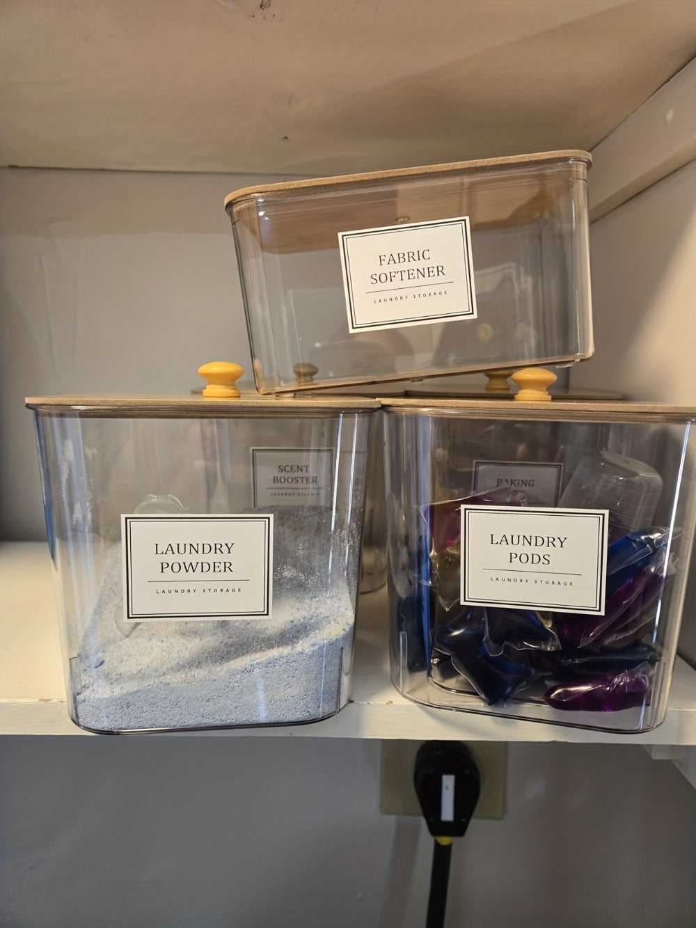 Laundry Pods Container & Dryer Sheet Holder Set with Bamboo Lids, Clear Laundry Room Organization Containers for Scent Booster, Powder, Pods – 3+1 Pack