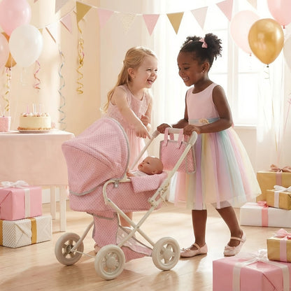 3-in-1 Baby Doll Stroller Set Pink Foldable Pram with Bassinet & Carry Bag for 14-24 Inch Dolls Swivel Wheels Adjustable Handle Nursery Role Play Gift for Girls Ages 3-12 (No Doll)