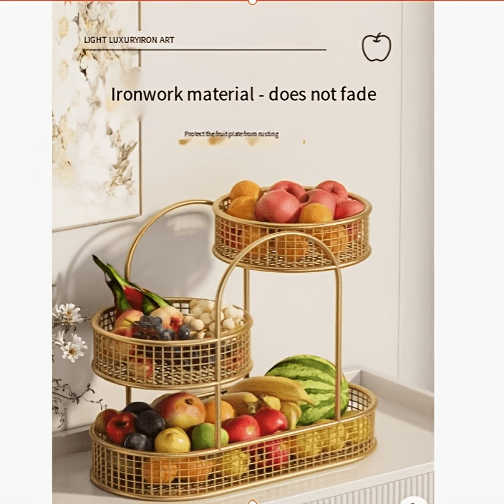 Three-Tier Metal Fruit Basket Stand in White or Black with 15.75-Inch Rectangular Base Tray