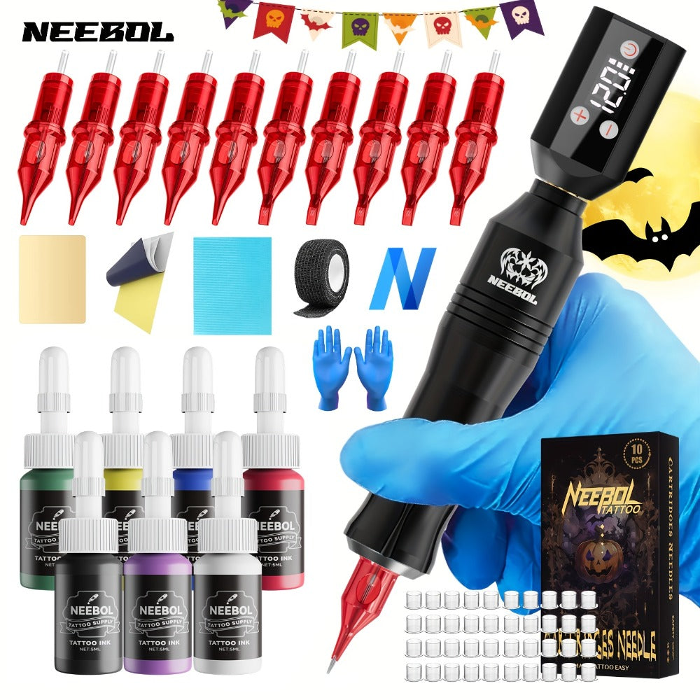 Wireless Rotary Tattoo Pen Kit LCD Display 8H Battery 10/20 Cartridge Needles Complete Cordless Tattoo Machine Set for Beginners & Professional Artists Black Red