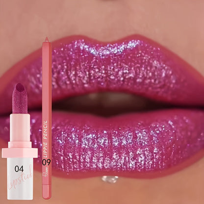 Glitter Lip Gloss & Lip Liner Set 2-Piece – Berry Shine Diamond Finish, Hydrating Squalane Formula, Long Lasting Glossy Sparkle Lip Kit for Women, 10 Color Combos Available
