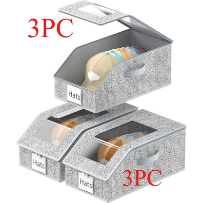 3-Pack Stackable Hat Organizer Box for Baseball Caps with Clear Window Lid, Foldable Cap Storage Holder for Closet Bedroom Shelf