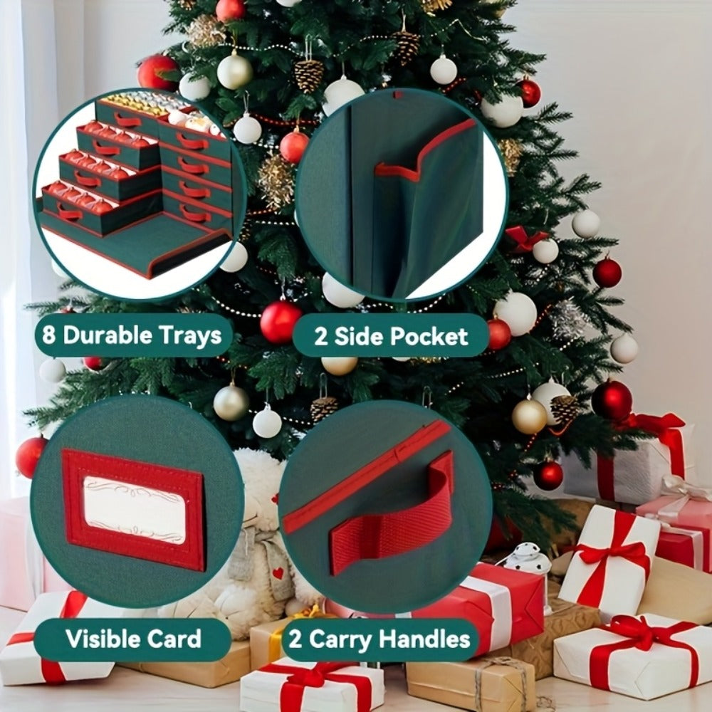 Christmas Ornament Storage Box with 128 Compartments, Eight Removable Trays and Red or Green Color Options