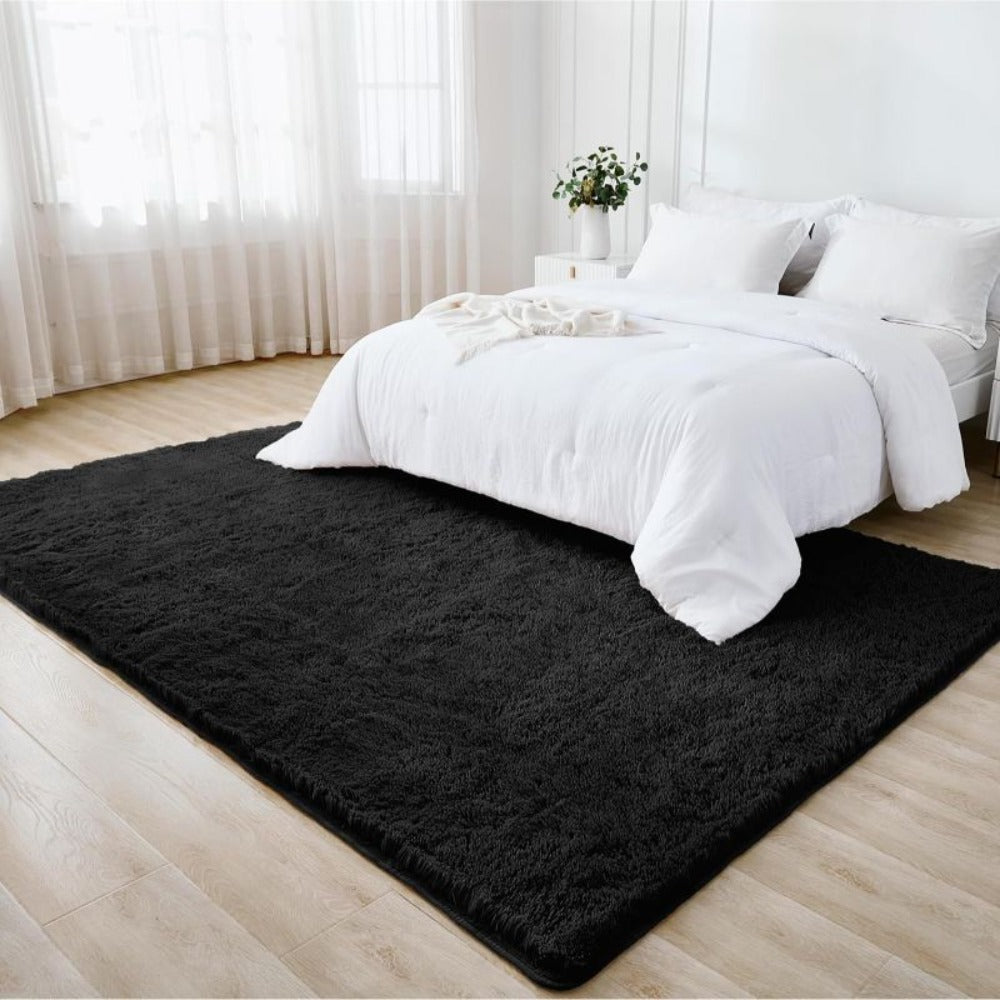Area Rug, Black Rectangular Shaggy Microfiber Style in 4x6, 5x8, 6x9 or 8x10 Feet with Machine-Wash Care