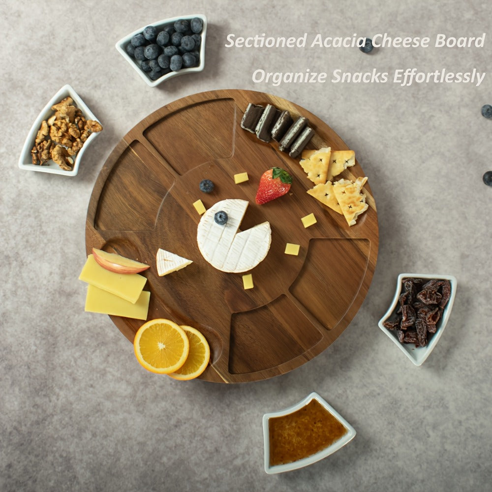 Round 13-Inch Wood-Look Charcuterie Board Set with Four White Bowls, Utensil Drawer and Serving Tools
