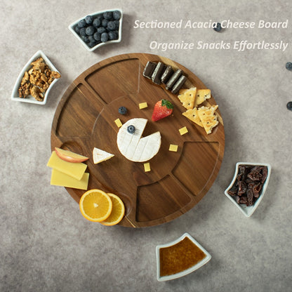 Round 13-Inch Wood-Look Charcuterie Board Set with Four White Bowls, Utensil Drawer and Serving Tools