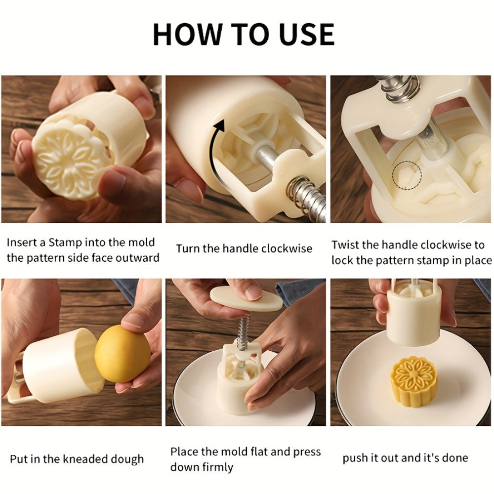 Seven-Piece 50 g Mooncake Press Set with Six Flower Pattern Stamps for Cookies and Pastry Baking