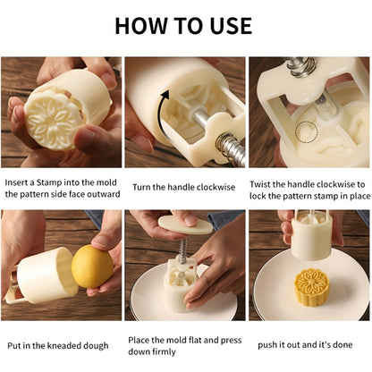 Seven-Piece 50 g Mooncake Press Set with Six Flower Pattern Stamps for Cookies and Pastry Baking