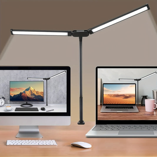 Dual Head LED Desk Lamp Touch Control 3 Color Modes 10 Brightness Levels Flexible Gooseneck Eye Care 13W USB Powered Base and Clip for Home Office Study PC Gaming Black